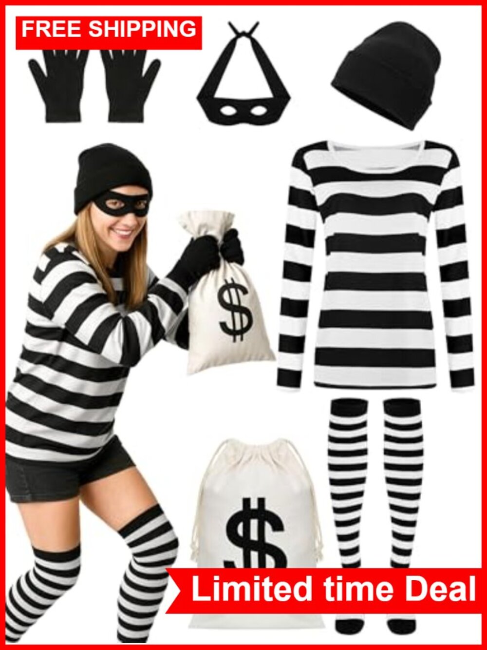 Women Thief Cosplay Striped Shirt Mask Gloves Beanie Bag Set